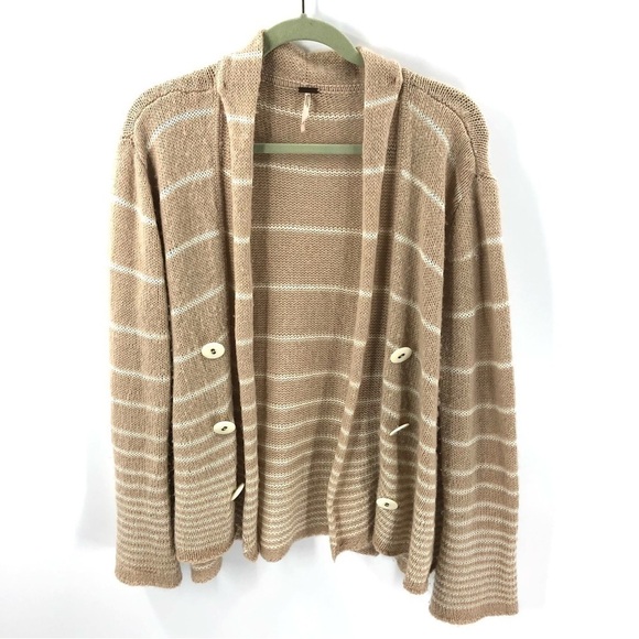 Free People Size Large Angora Blend Cardigan Open Front Sweater Striped Tan - Picture 1 of 9